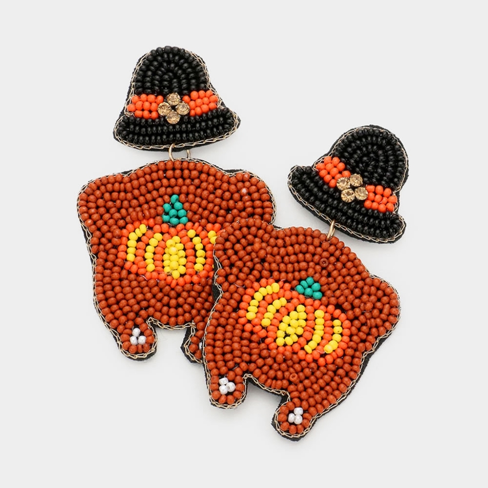 Thanksgiving Turkey Dangle Earrings Hat Holiday Beaded Black Brown Drop Jewelry